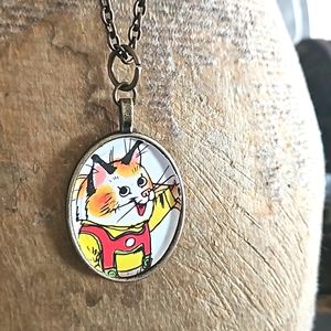 Huckle cat 1970s children's book page necklace ooak Richard Scarry handmade